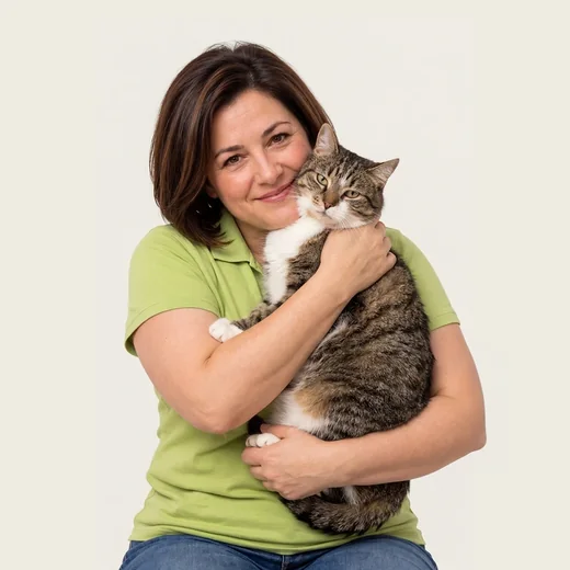 Annie Smith hugging a tabby cat